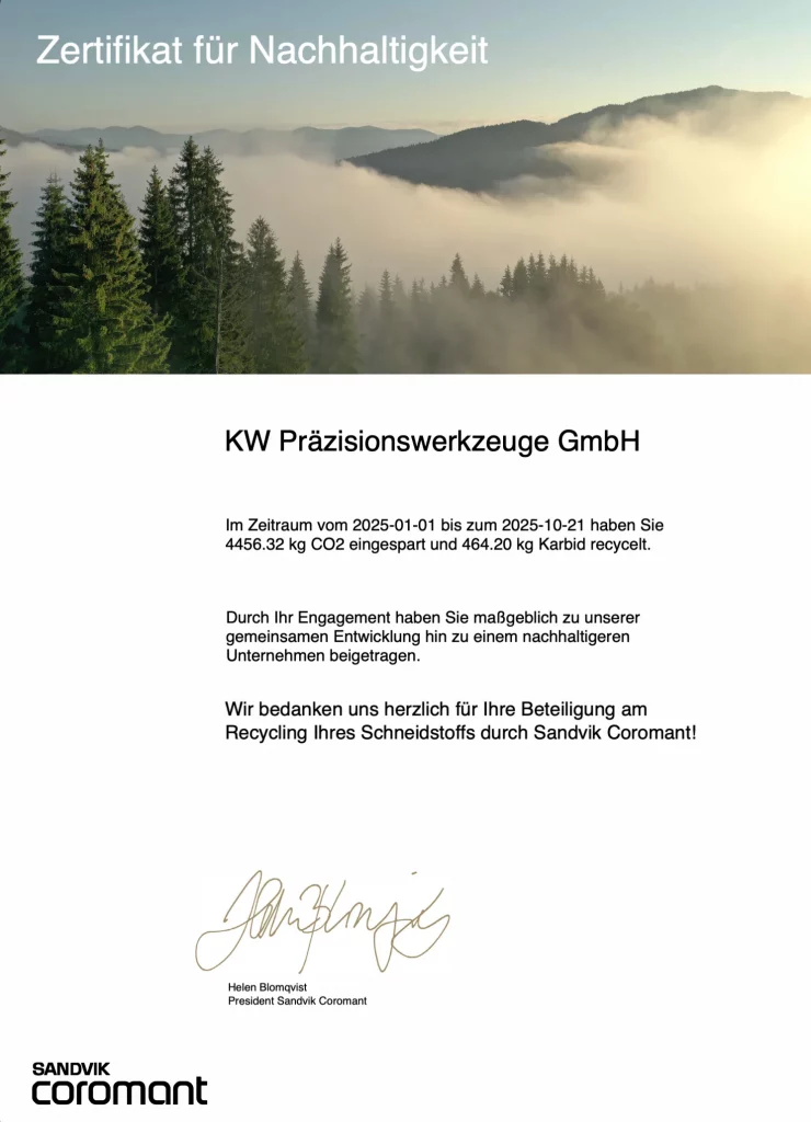 Zertifikat fuer Nachhaltigkeit von Sandvik Coromant